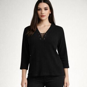 Lauren Ralph Lauren Black Waffle Knit Lace-Up V-Neck Blouse XL | Goth Grunge